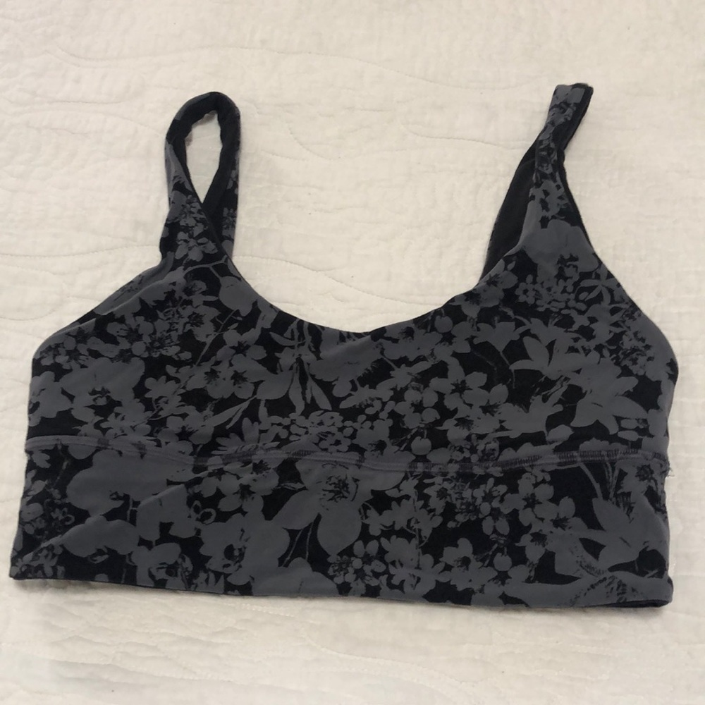 Lulu Lemon sports bra in black and gray floral